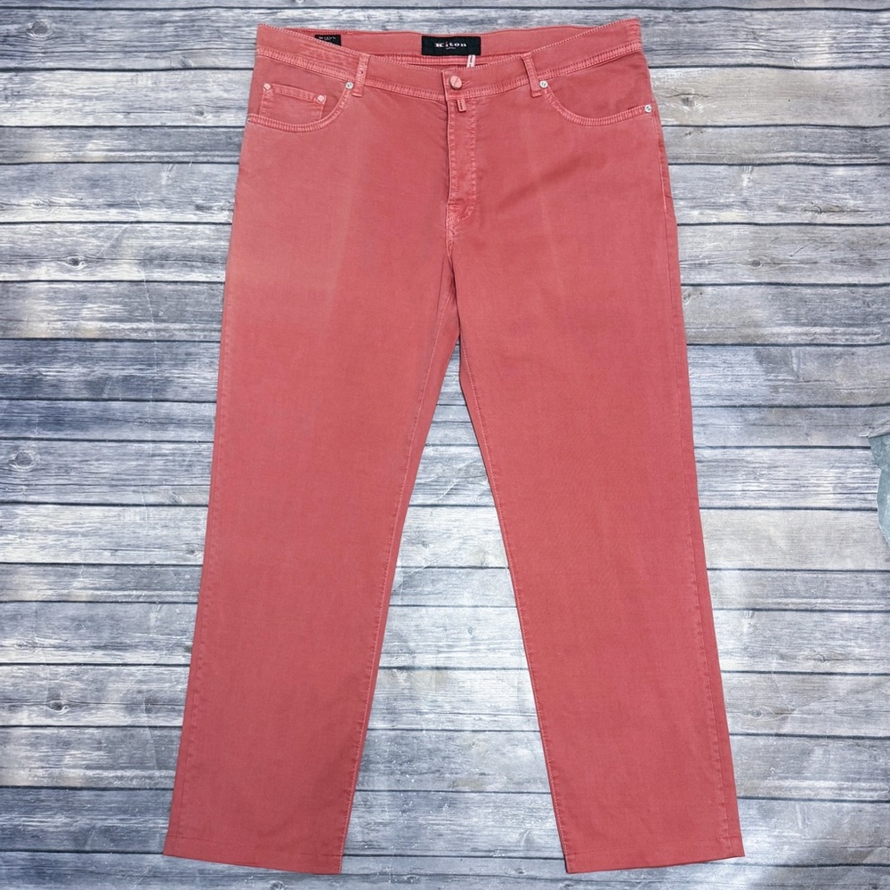 Kiton Salmon Coral Garment Washed Faded Button Fly Slim Fit Twill Mens Pants 40